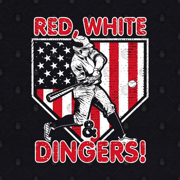 Red White and Dingers USA American Flag Baseball Hitter Funny Baseball Saying by TeeCreations